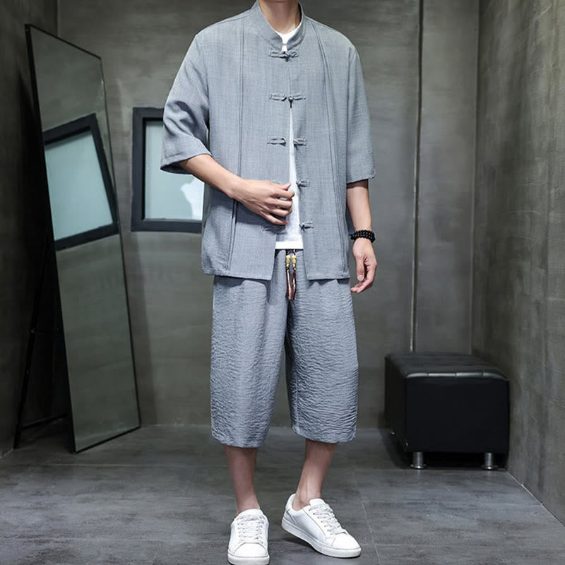 Buddha Stones 2-teiliges Sommer-Set im Tang-Stil: Hemd mit Froschknöpfen, einfarbig, ellbogenlange Ärmel, kurze Hose, Herren-Meditationskleidung mit Taschen - image 12