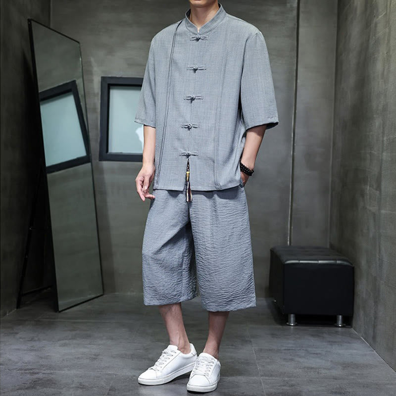 Buddha Stones 2-teiliges Sommer-Set im Tang-Stil: Hemd mit Froschknöpfen, einfarbig, ellbogenlange Ärmel, kurze Hose, Herren-Meditationskleidung mit Taschen - image 13