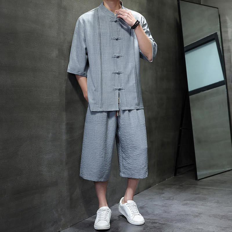 Buddha Stones 2-teiliges Sommer-Set im Tang-Stil: Hemd mit Froschknöpfen, einfarbig, ellbogenlange Ärmel, kurze Hose, Herren-Meditationskleidung mit Taschen - image 14