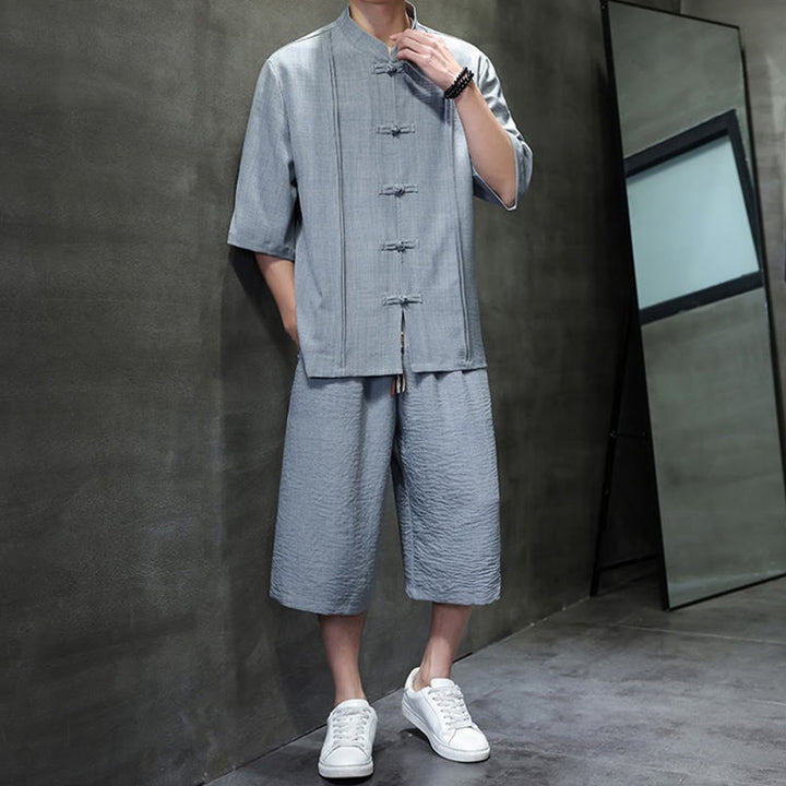 Buddha Stones 2-teiliges Sommer-Set im Tang-Stil: Hemd mit Froschknöpfen, einfarbig, ellbogenlange Ärmel, kurze Hose, Herren-Meditationskleidung mit Taschen - image 14