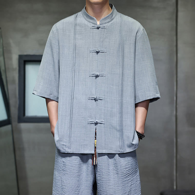 Buddha Stones 2-teiliges Sommer-Set im Tang-Stil: Hemd mit Froschknöpfen, einfarbig, ellbogenlange Ärmel, kurze Hose, Herren-Meditationskleidung mit Taschen - image 16