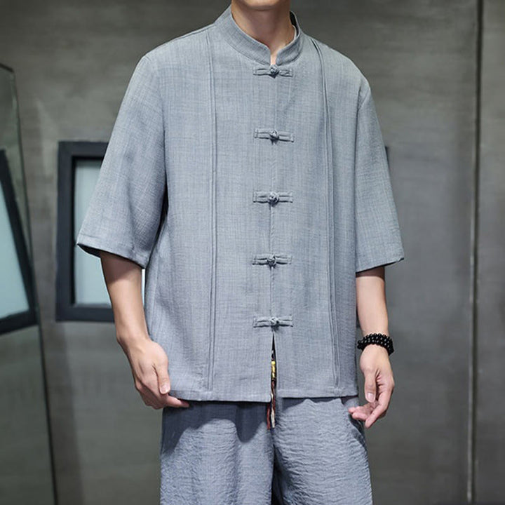Buddha Stones 2-teiliges Sommer-Set im Tang-Stil: Hemd mit Froschknöpfen, einfarbig, ellbogenlange Ärmel, kurze Hose, Herren-Meditationskleidung mit Taschen - image 17