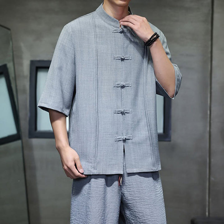 Buddha Stones 2-teiliges Sommer-Set im Tang-Stil: Hemd mit Froschknöpfen, einfarbig, ellbogenlange Ärmel, kurze Hose, Herren-Meditationskleidung mit Taschen - image 15