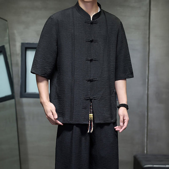 Buddha Stones 2-teiliges Sommer-Set im Tang-Stil: Hemd mit Froschknöpfen, einfarbig, ellbogenlange Ärmel, kurze Hose, Herren-Meditationskleidung mit Taschen - image 30