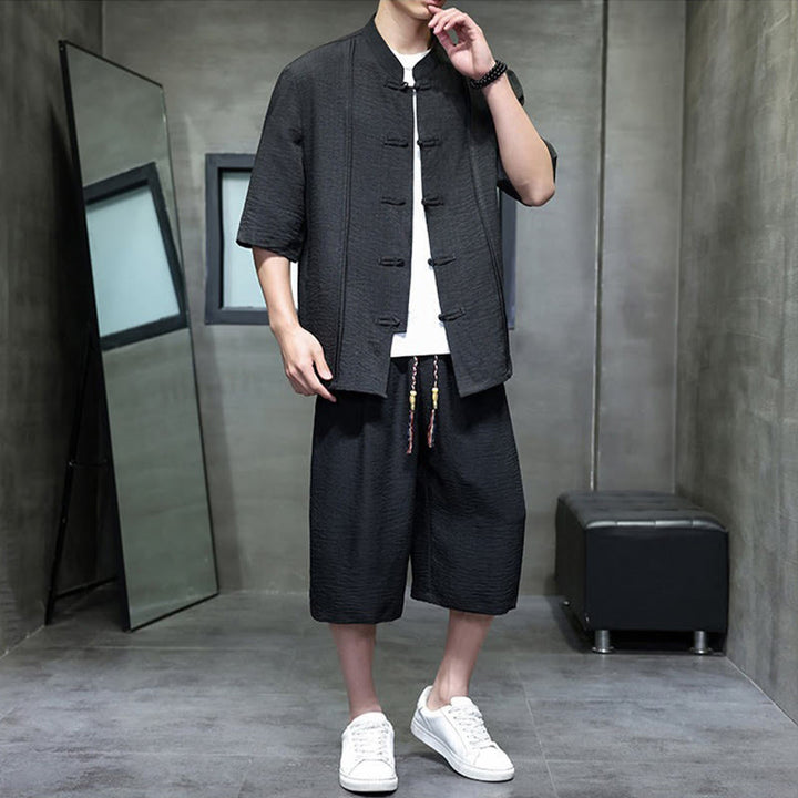 Buddha Stones 2-teiliges Sommer-Set im Tang-Stil: Hemd mit Froschknöpfen, einfarbig, ellbogenlange Ärmel, kurze Hose, Herren-Meditationskleidung mit Taschen - image 23