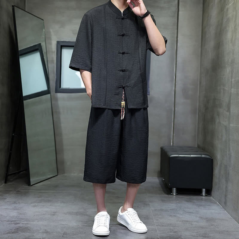 Buddha Stones 2-teiliges Sommer-Set im Tang-Stil: Hemd mit Froschknöpfen, einfarbig, ellbogenlange Ärmel, kurze Hose, Herren-Meditationskleidung mit Taschen - image 25