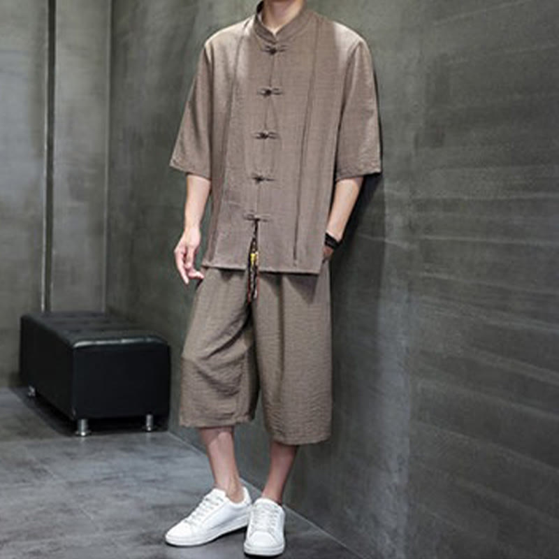 Buddha Stones 2-teiliges Sommer-Set im Tang-Stil: Hemd mit Froschknöpfen, einfarbig, ellbogenlange Ärmel, kurze Hose, Herren-Meditationskleidung mit Taschen - image 33