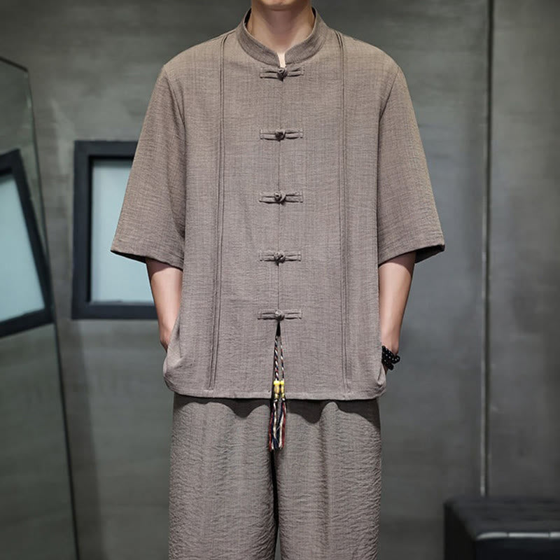 Buddha Stones 2-teiliges Sommer-Set im Tang-Stil: Hemd mit Froschknöpfen, einfarbig, ellbogenlange Ärmel, kurze Hose, Herren-Meditationskleidung mit Taschen - image 38
