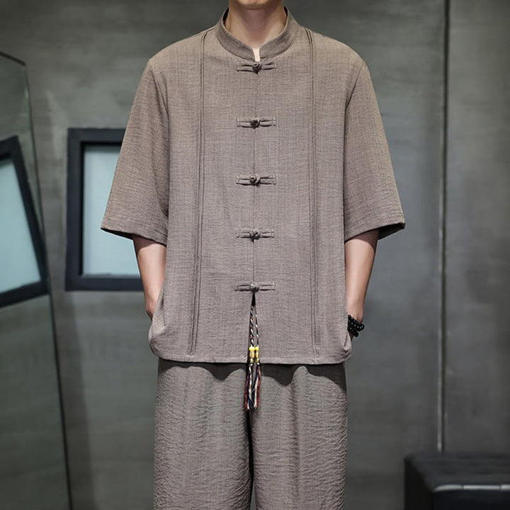 Buddha Stones 2-teiliges Sommer-Set im Tang-Stil: Hemd mit Froschknöpfen, einfarbig, ellbogenlange Ärmel, kurze Hose, Herren-Meditationskleidung mit Taschen - image 38