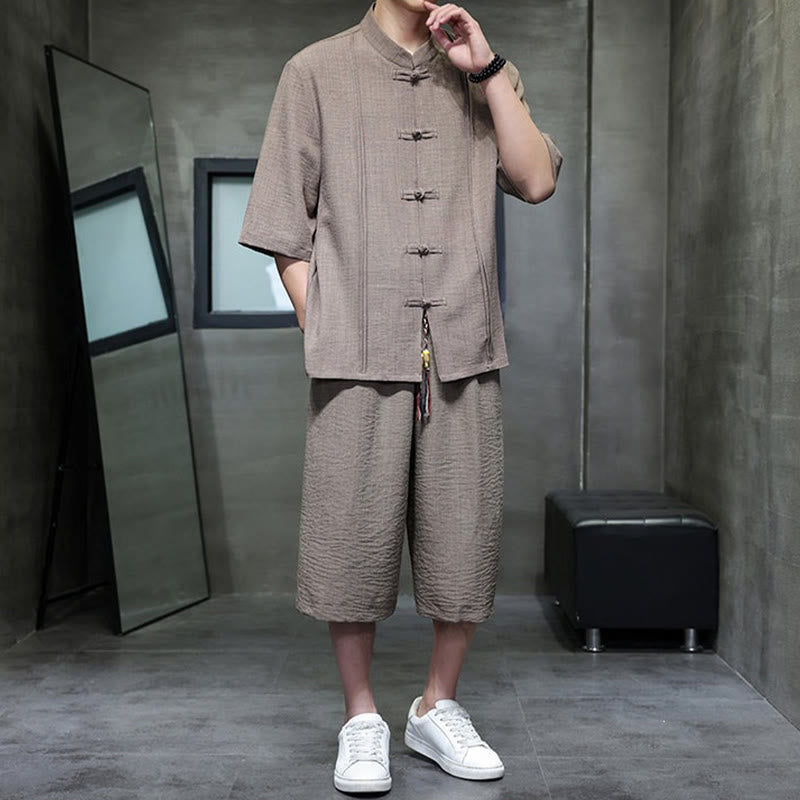 Buddha Stones 2-teiliges Sommer-Set im Tang-Stil: Hemd mit Froschknöpfen, einfarbig, ellbogenlange Ärmel, kurze Hose, Herren-Meditationskleidung mit Taschen - image 37