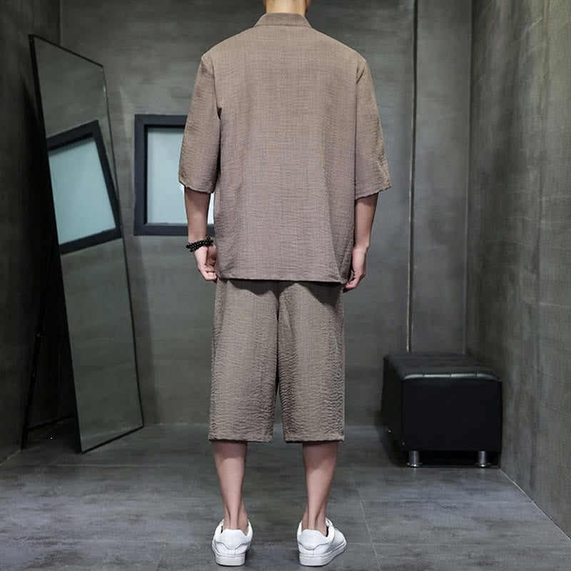 Buddha Stones 2-teiliges Sommer-Set im Tang-Stil: Hemd mit Froschknöpfen, einfarbig, ellbogenlange Ärmel, kurze Hose, Herren-Meditationskleidung mit Taschen - image 34