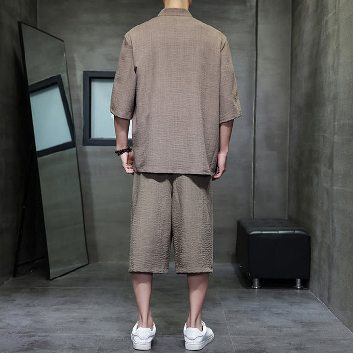 Buddha Stones 2-teiliges Sommer-Set im Tang-Stil: Hemd mit Froschknöpfen, einfarbig, ellbogenlange Ärmel, kurze Hose, Herren-Meditationskleidung mit Taschen - image 34