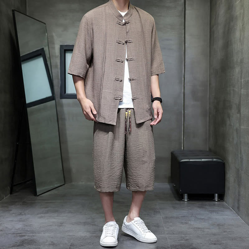Buddha Stones 2-teiliges Sommer-Set im Tang-Stil: Hemd mit Froschknöpfen, einfarbig, ellbogenlange Ärmel, kurze Hose, Herren-Meditationskleidung mit Taschen - image 35