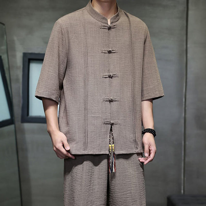 Buddha Stones 2-teiliges Sommer-Set im Tang-Stil: Hemd mit Froschknöpfen, einfarbig, ellbogenlange Ärmel, kurze Hose, Herren-Meditationskleidung mit Taschen - image 39
