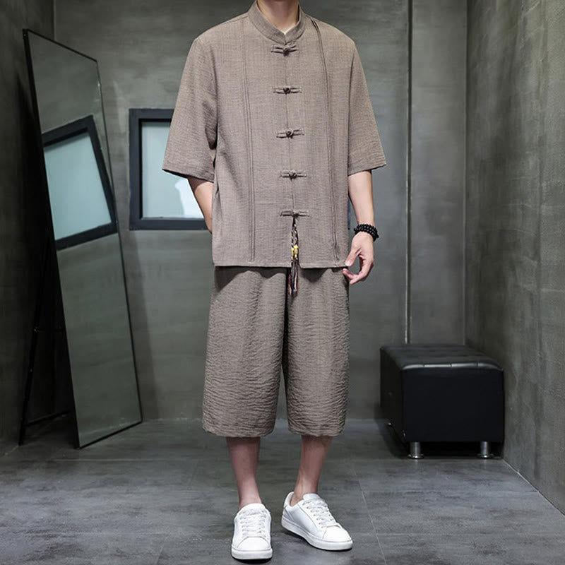 Buddha Stones 2-teiliges Sommer-Set im Tang-Stil: Hemd mit Froschknöpfen, einfarbig, ellbogenlange Ärmel, kurze Hose, Herren-Meditationskleidung mit Taschen - image 36