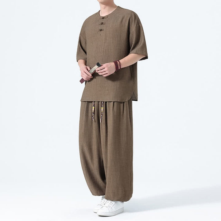 Buddha Stones 2-teiliges Sommer-Meditations-Set im Tang-Stil: Kurzarmhemd mit Froschknopfleiste, einfarbig, mit Taschen - Peru - US/ UK/AU46, EU56 (5XL) - image 0