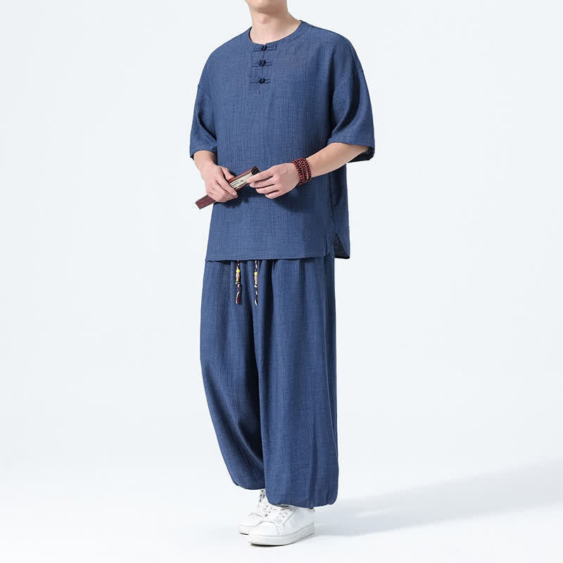 Buddha Stones 2-teiliges Sommer-Meditations-Set im Tang-Stil: Kurzarmhemd mit Froschknopfleiste, einfarbig, mit Taschen - Marine - US/UK/AU46, EU56 (5XL) - image 13