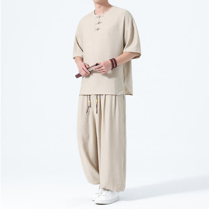 Buddha Stones 2-teiliges Sommer-Meditations-Set im Tang-Stil: Kurzarmhemd mit Froschknopfleiste, einfarbig, mit Taschen - Weizen - US/UK/AU46, EU56 (5XL) - image 20
