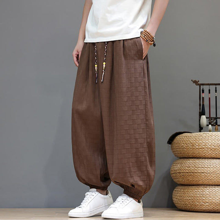 Buddha Stones Lässige, sommerliche Haremshose mit Kordelzug, einfarbigem, gewebtem Rattanmuster und Tasche - image 18