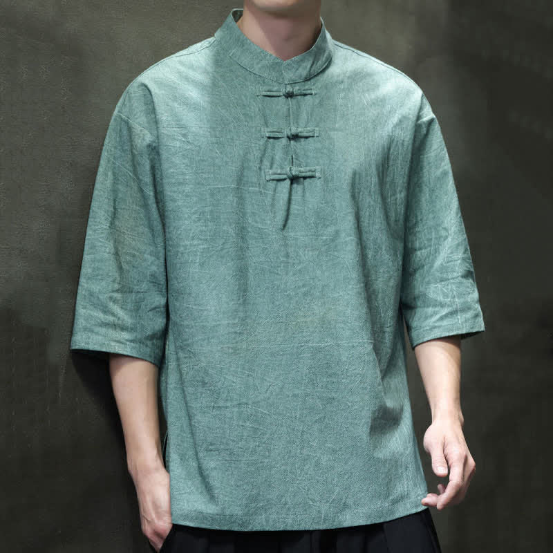 Buddha Stones Sommerliches Kurzarmhemd im Tang-Stil mit drei Froschknöpfen - Kadettenblau - US/ UK/AU46, EU56 (5XL) - image 0