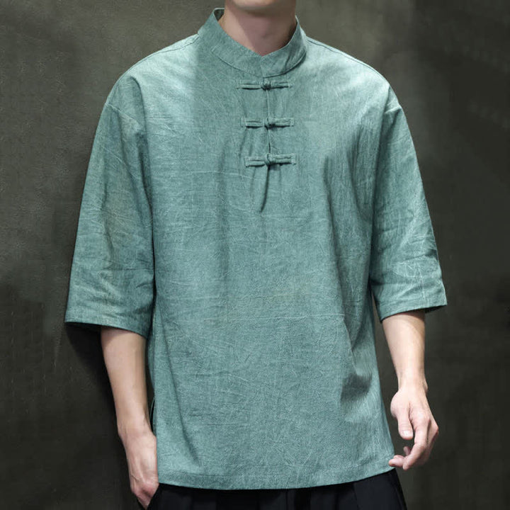 Buddha Stones Sommerliches Kurzarmhemd im Tang-Stil mit drei Froschknöpfen - Kadettenblau - US/ UK/AU46, EU56 (5XL) - image 0