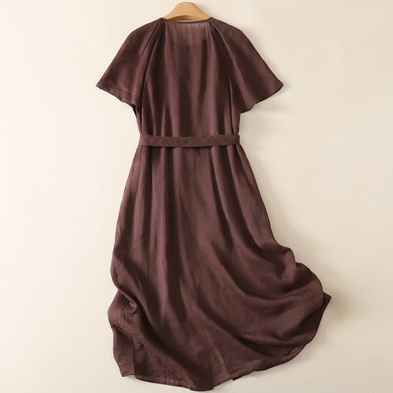 Buddha Stones Sommerliches Vintage-Kleid für Damen, einfarbig, mit kurzen Ärmeln, Midi-Länge, Knopfleiste und Taschen - image 1