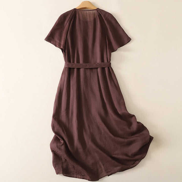 Buddha Stones Sommerliches Vintage-Kleid für Damen, einfarbig, mit kurzen Ärmeln, Midi-Länge, Knopfleiste und Taschen - image 1
