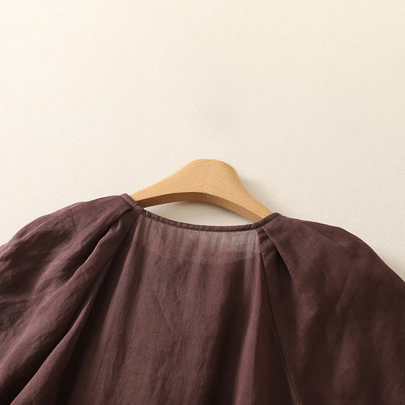 Buddha Stones Sommerliches Vintage-Kleid für Damen, einfarbig, mit kurzen Ärmeln, Midi-Länge, Knopfleiste und Taschen - image 3
