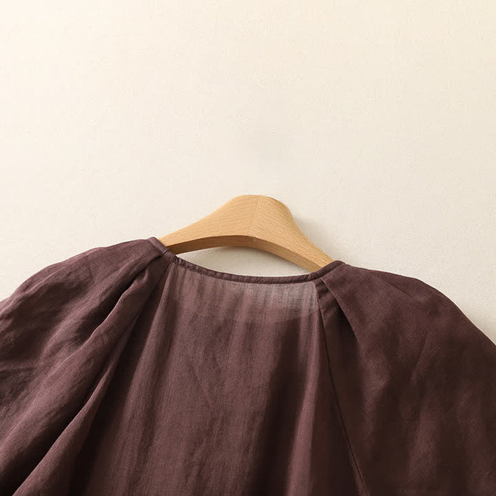 Buddha Stones Sommerliches Vintage-Kleid für Damen, einfarbig, mit kurzen Ärmeln, Midi-Länge, Knopfleiste und Taschen - image 3