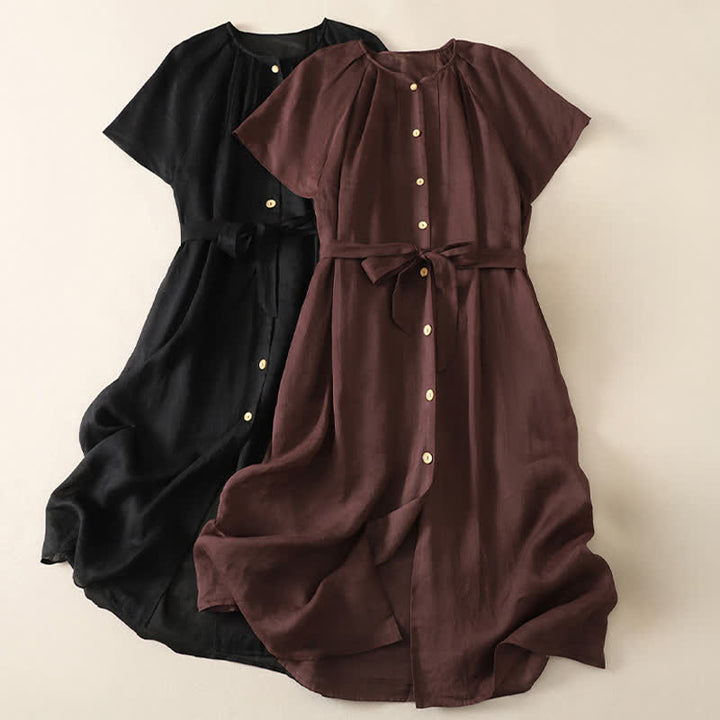 Buddha Stones Sommerliches Vintage-Kleid für Damen, einfarbig, mit kurzen Ärmeln, Midi-Länge, Knopfleiste und Taschen - image 15