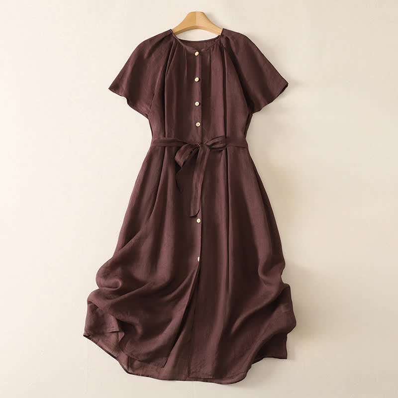 Buddha Stones Sommerliches Vintage-Kleid für Damen, einfarbig, mit kurzen Ärmeln, Midi-Länge, Knopfleiste und Taschen - Kastanienbraun - US14, UK/AU18, EU46 (2XL) - image 0