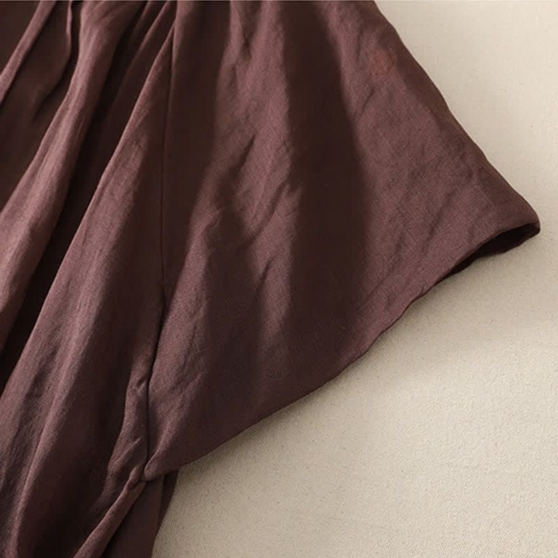 Buddha Stones Sommerliches Vintage-Kleid für Damen, einfarbig, mit kurzen Ärmeln, Midi-Länge, Knopfleiste und Taschen - image 5