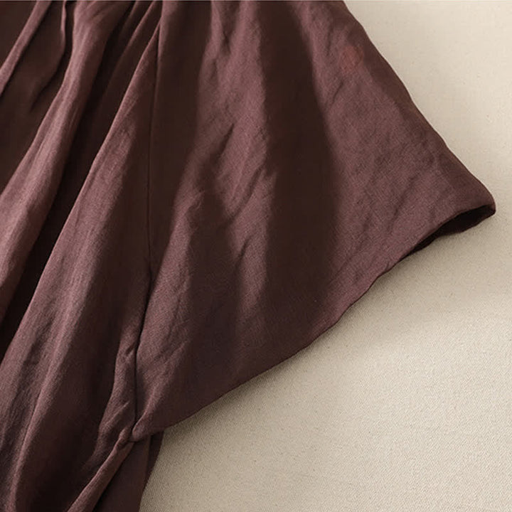 Buddha Stones Sommerliches Vintage-Kleid für Damen, einfarbig, mit kurzen Ärmeln, Midi-Länge, Knopfleiste und Taschen - image 5