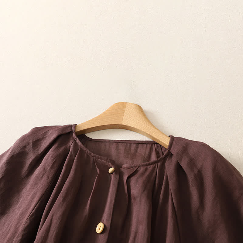 Buddha Stones Sommerliches Vintage-Kleid für Damen, einfarbig, mit kurzen Ärmeln, Midi-Länge, Knopfleiste und Taschen - image 2