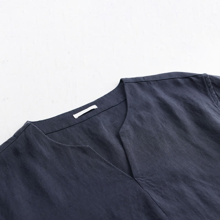 Buddha Stones Minimalistisches, einfarbiges Kurzarm-T-Shirt für Herren mit V-Ausschnitt für den Sommer - image 7