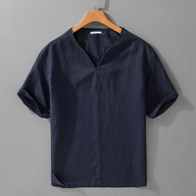 Buddha Stones Minimalistisches, einfarbiges Kurzarm-T-Shirt für Herren mit V-Ausschnitt für den Sommer - Marine - US/ UK/AU42, EU52 (3XL) - image 6