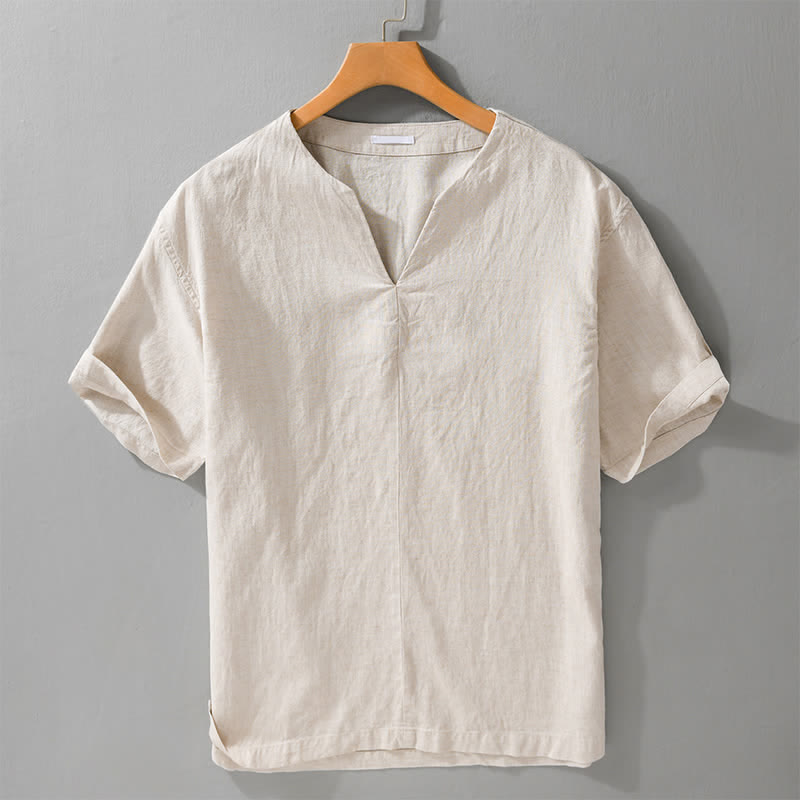Buddha Stones Minimalistisches, einfarbiges Kurzarm-T-Shirt für Herren mit V-Ausschnitt für den Sommer - Leinen - US/ UK/AU42, EU52 (3XL) - image 0