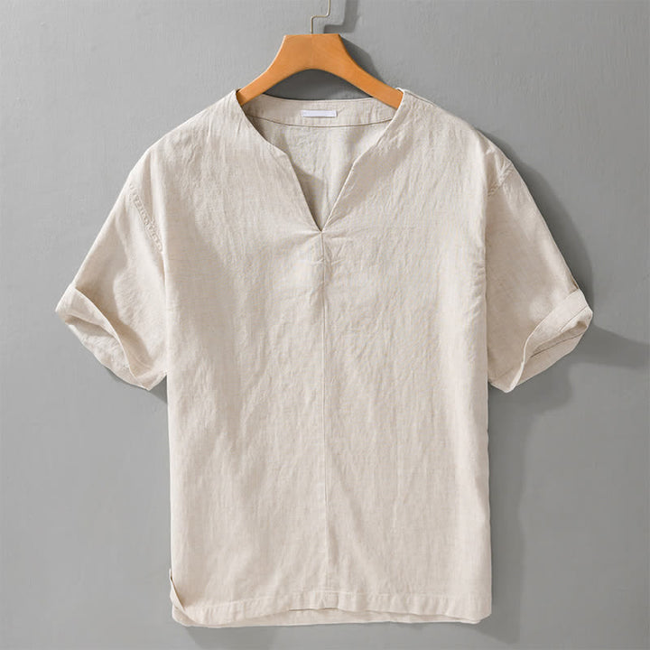 Buddha Stones Minimalistisches, einfarbiges Kurzarm-T-Shirt für Herren mit V-Ausschnitt für den Sommer - Leinen - US/ UK/AU42, EU52 (3XL) - image 0
