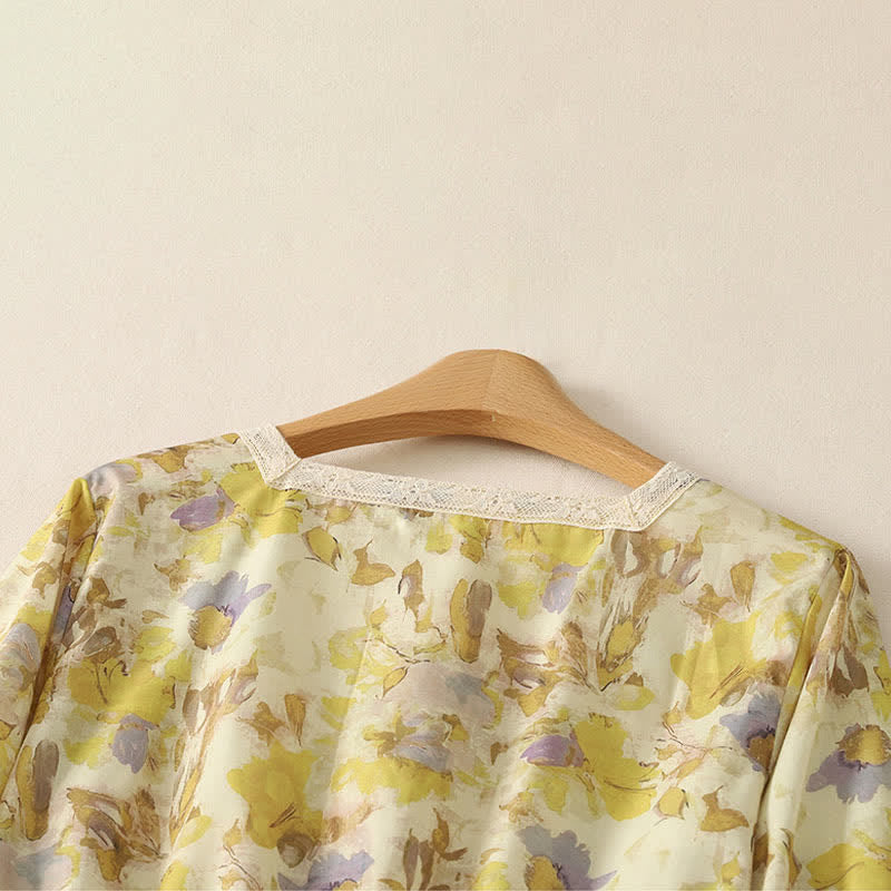 Buddha Stones Frühling/Sommer Vintage-Kleid mit Kordelzug, gelb-floral, kurzärmelig, Damen-Midikleid mit kurzem Ärmel, kurzem Schnitt und kurzem Ärmel - image 3