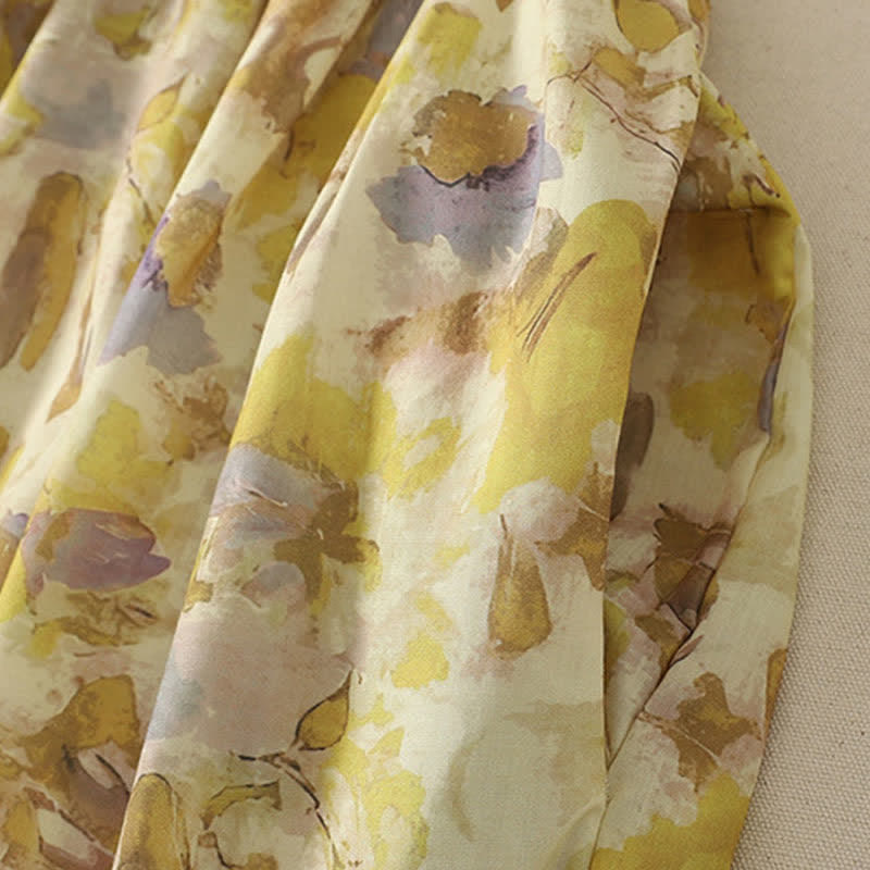 Buddha Stones Frühling/Sommer Vintage-Kleid mit Kordelzug, gelb-floral, kurzärmelig, Damen-Midikleid mit kurzem Ärmel, kurzem Schnitt und kurzem Ärmel - image 7