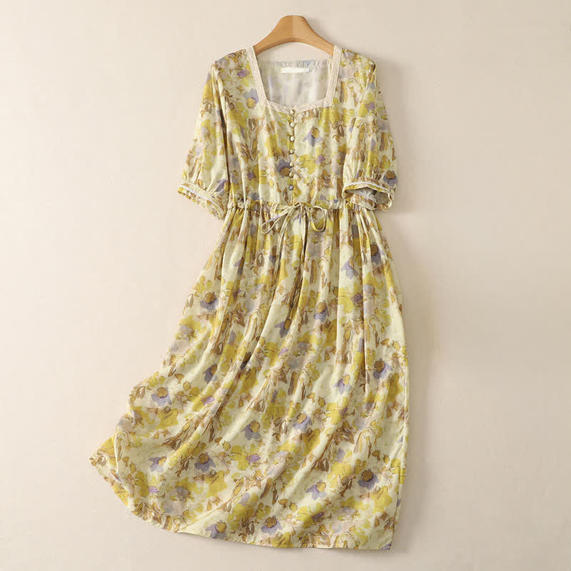 Buddha Stones Frühling/Sommer Vintage-Kleid mit Kordelzug, gelb-floral, kurzärmelig, Damen-Midikleid mit kurzem Ärmel, kurzem Schnitt und kurzem Ärmel - Blassgoldenrode - US14, UK/AU18, EU46 (2XL) - image 0