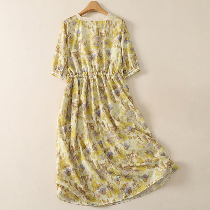 Buddha Stones Frühling/Sommer Vintage-Kleid mit Kordelzug, gelb-floral, kurzärmelig, Damen-Midikleid mit kurzem Ärmel, kurzem Schnitt und kurzem Ärmel - image 1