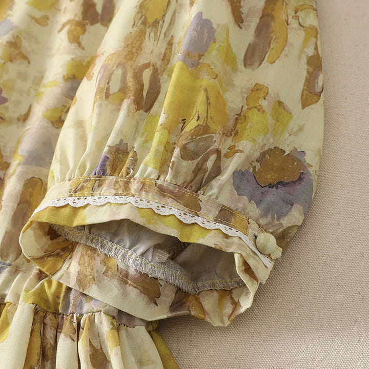 Buddha Stones Frühling/Sommer Vintage-Kleid mit Kordelzug, gelb-floral, kurzärmelig, Damen-Midikleid mit kurzem Ärmel, kurzem Schnitt und kurzem Ärmel - image 5