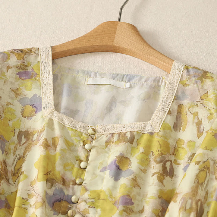 Buddha Stones Frühling/Sommer Vintage-Kleid mit Kordelzug, gelb-floral, kurzärmelig, Damen-Midikleid mit kurzem Ärmel, kurzem Schnitt und kurzem Ärmel - image 2
