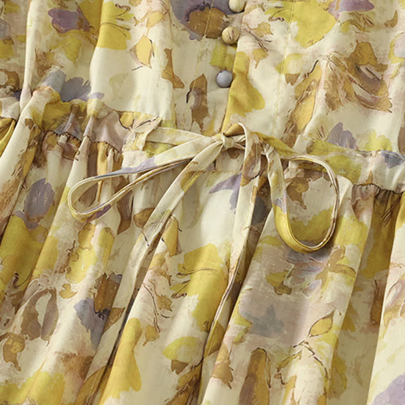 Buddha Stones Frühling/Sommer Vintage-Kleid mit Kordelzug, gelb-floral, kurzärmelig, Damen-Midikleid mit kurzem Ärmel, kurzem Schnitt und kurzem Ärmel - image 6