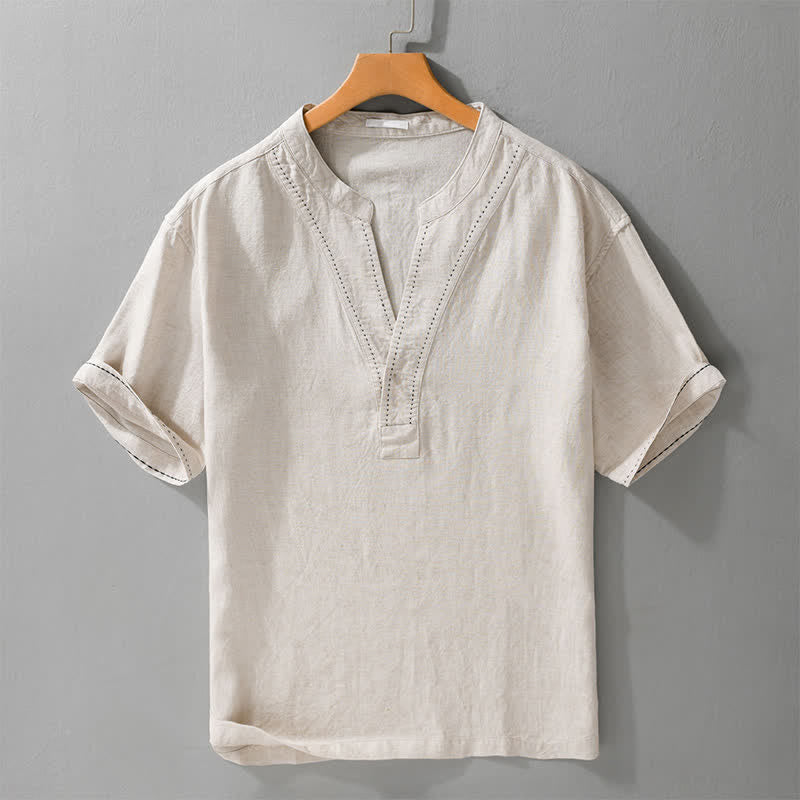 Buddha Stones Lässiges Sommer-T-Shirt mit V-Ausschnitt, einfarbig, Kurzarm für Herren - Leinen - US/ UK/AU44, EU54 (3XL) - image 0