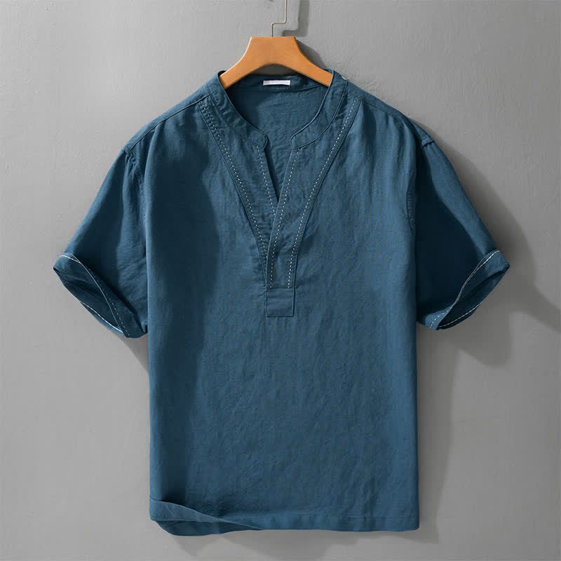 Buddha Stones Lässiges Sommer-T-Shirt mit V-Ausschnitt, einfarbig, Kurzarm für Herren - SteelBlue - US/ UK/AU44, EU54 (3XL) - image 5