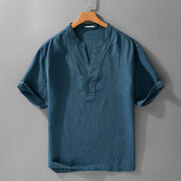 Buddha Stones Lässiges Sommer-T-Shirt mit V-Ausschnitt, einfarbig, Kurzarm für Herren - SteelBlue - US/ UK/AU44, EU54 (3XL) - image 5