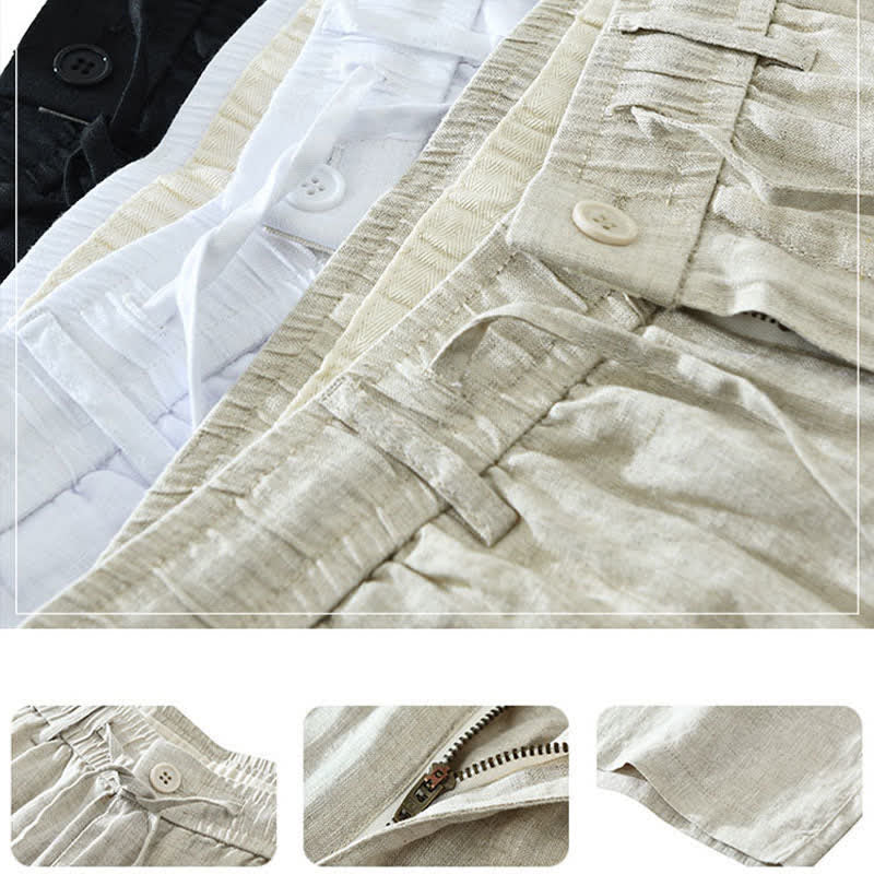Buddha Stones Lässige, minimalistische Herren-Shorts aus Leinen mit Kordelzug und Reißverschluss sowie Taschen – ideal für den Sommer. - image 13