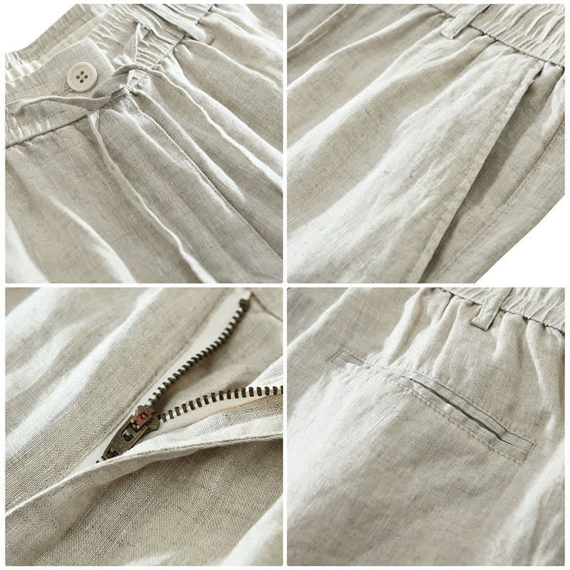 Buddha Stones Lässige, minimalistische Herren-Shorts aus Leinen mit Kordelzug und Reißverschluss sowie Taschen – ideal für den Sommer. - image 2
